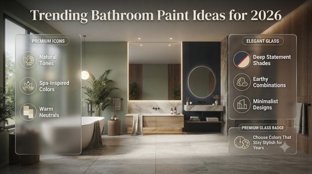 Trending bathroom paint ideas for 2026 featuring natural tones, spa colors, warm neutrals, and luxury modern bathroom designs