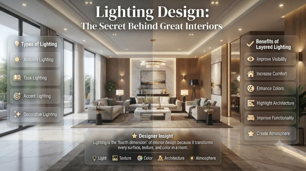 Interior lighting design infographic featuring ambient, task, accent, and decorative lighting with layered illumination in a modern luxury living room.