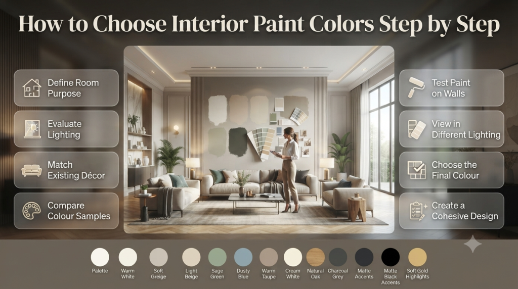 Infographic illustrating a step-by-step process for choosing interior paint colors, including room purpose, lighting, décor coordination, paint samples, and final colour selection.