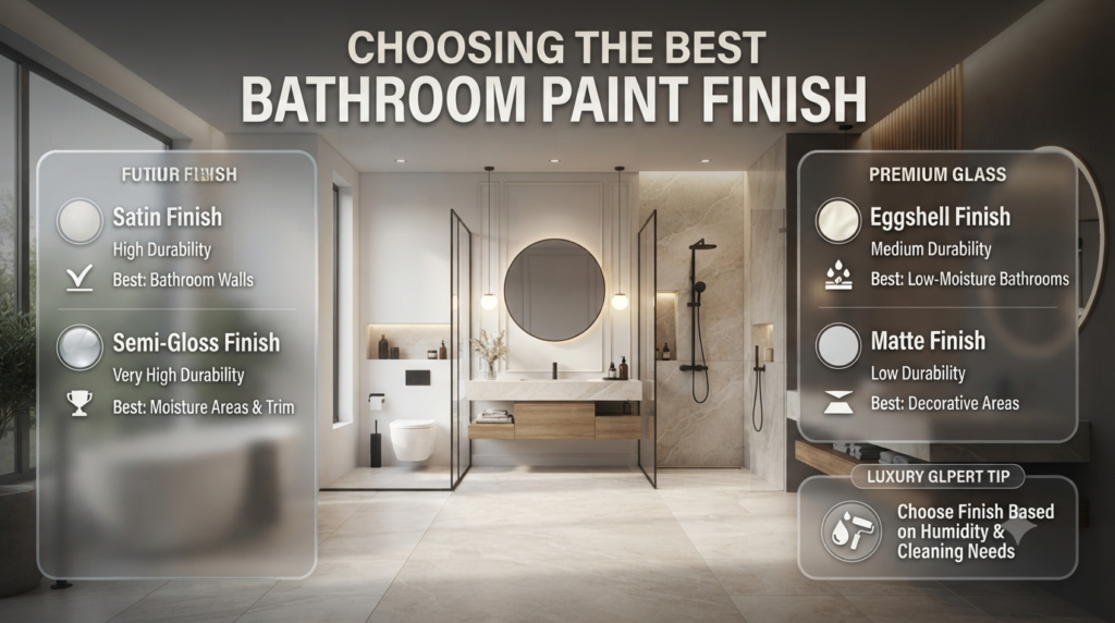 Best bathroom paint finishes showing satin, semi-gloss, eggshell, and matte options for durable modern bathroom walls