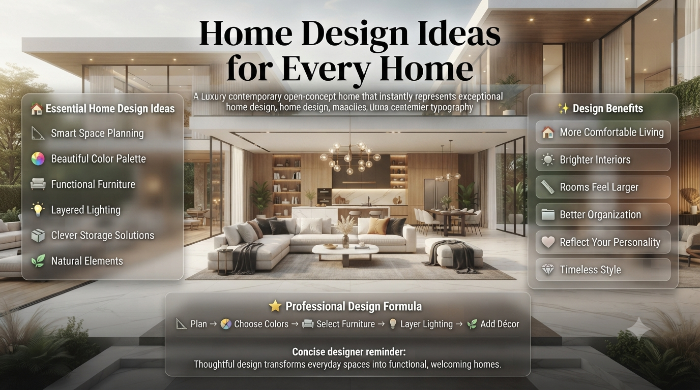 Modern home design ideas infographic featuring stylish living room, smart furniture layout, lighting, color palette, storage solutions, and contemporary home décor inspiration. Home Design Ideas for Every Home: Modern Interior Guide