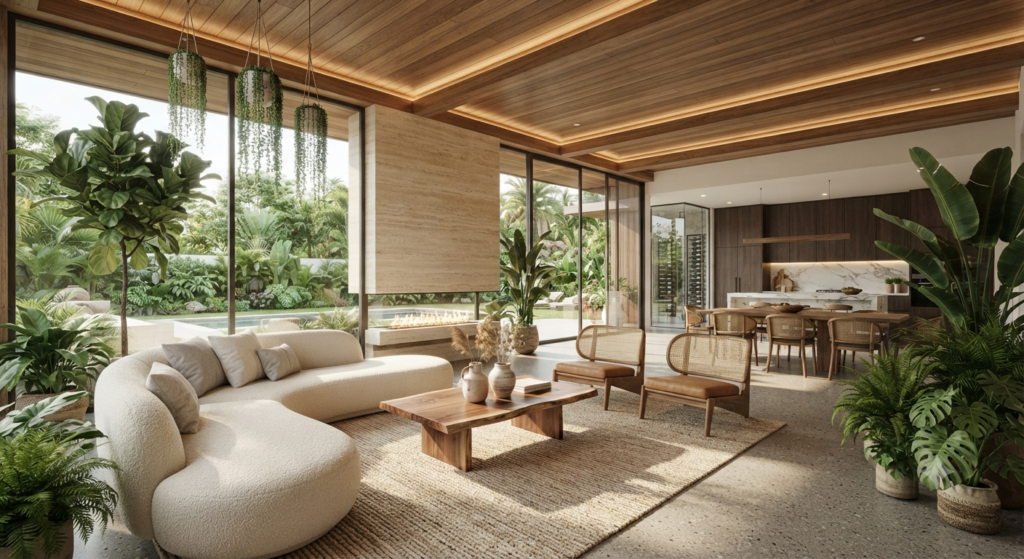 Modern biophilic interior featuring lush indoor plants, natural wood finishes, large windows, abundant natural light, and a calming contemporary living space.