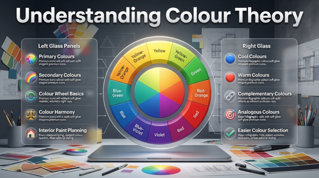 Professional colour theory infographic featuring a colour wheel, complementary and analogous colour relationships, and interior paint selection guidance.