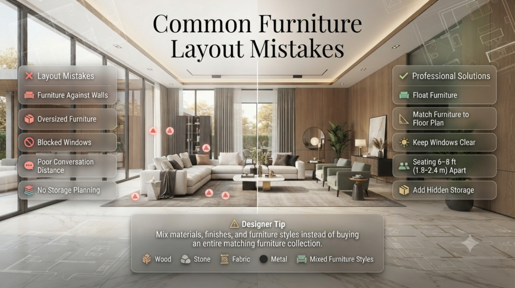 Interior design infographic showing common furniture layout mistakes, proper spacing, conversation areas, storage ideas, and balanced room planning tips.