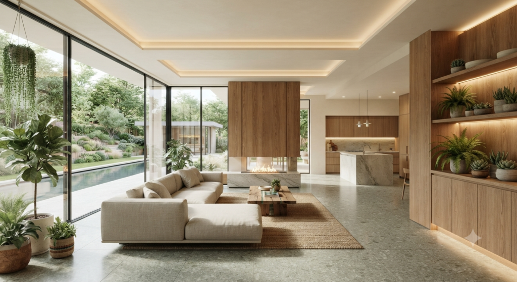Modern sustainable home featuring eco-friendly materials, energy-efficient lighting, natural wood finishes, indoor plants, and a bright contemporary interior.