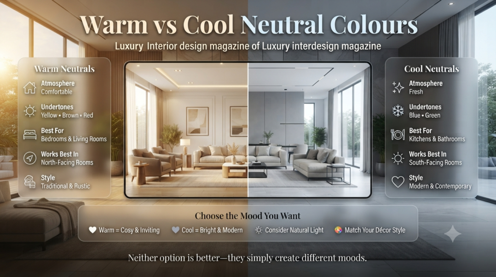 Infographic comparing warm and cool neutral colours, showing their undertones, atmosphere, ideal rooms, lighting conditions, and interior design styles.
