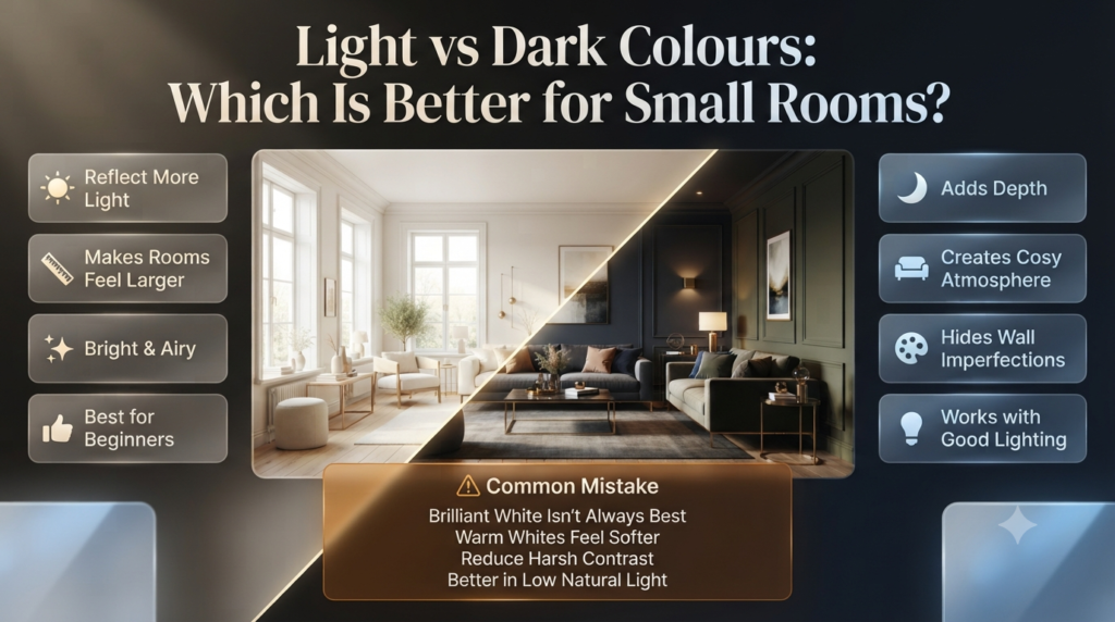 Comparison of light vs dark paint colours for small rooms, showing how colour affects brightness, space perception, depth, and overall interior design.