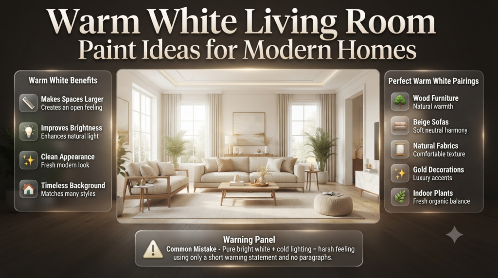 Modern living room with warm white painted walls, beige furniture, wooden décor, indoor plants, and elegant interior design inspiration.