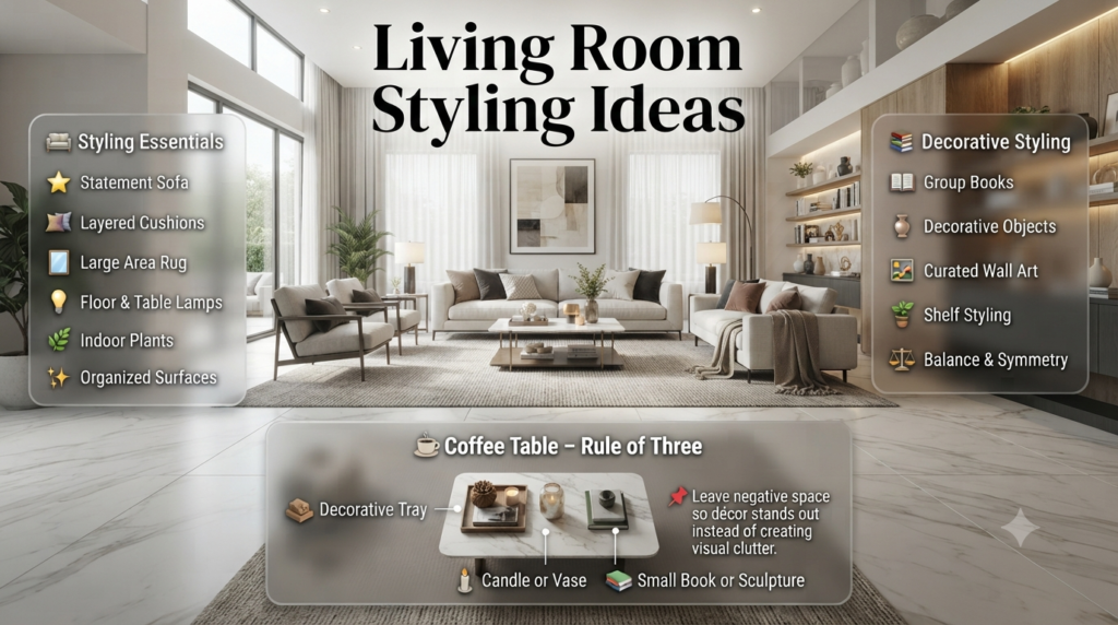 Modern living room styling infographic featuring statement sofa, layered lighting, textured cushions, area rug, coffee table décor, indoor plants, and elegant home styling ideas.
