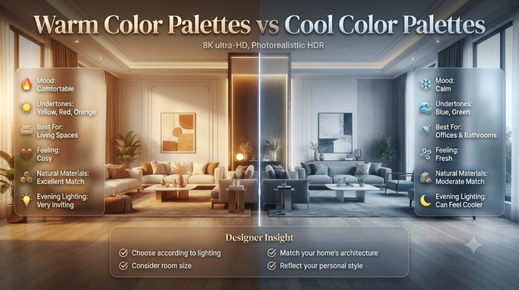 Comparison infographic of warm and cool colour palettes for interior design, showing undertones, mood, best room uses, lighting effects, and styling differences.