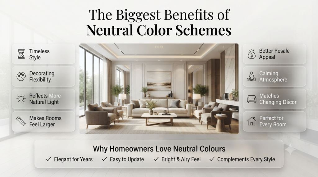 Modern home interior infographic highlighting the biggest benefits of neutral colour schemes, including timeless style, decorating flexibility, brighter rooms, resale appeal, and a calming atmosphere.