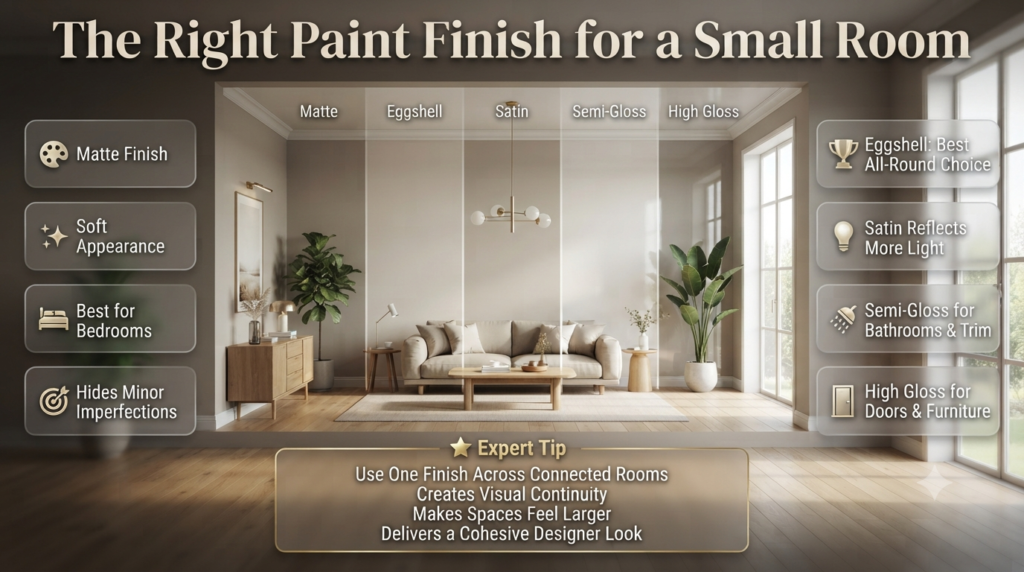 Infographic comparing paint finishes for small rooms, including matte, eggshell, satin, semi-gloss, and high gloss with their appearance, durability, and ideal uses.