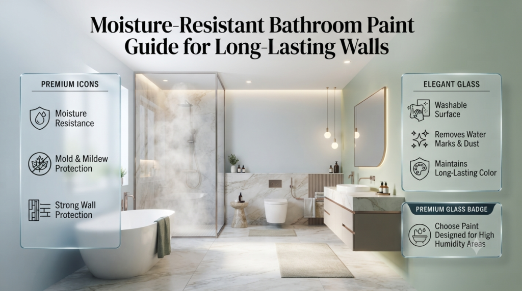 Moisture-resistant bathroom paint guide showing mold protection, washable surfaces, humidity control, and durable wall finishes