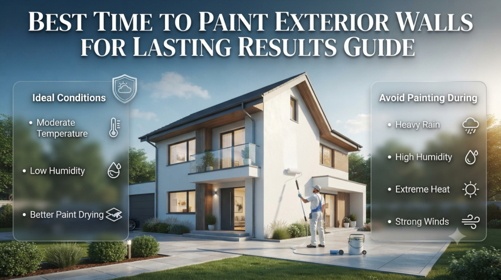 Exterior painting weather guide showing ideal conditions, moderate temperatures, low humidity, and paint durability factors