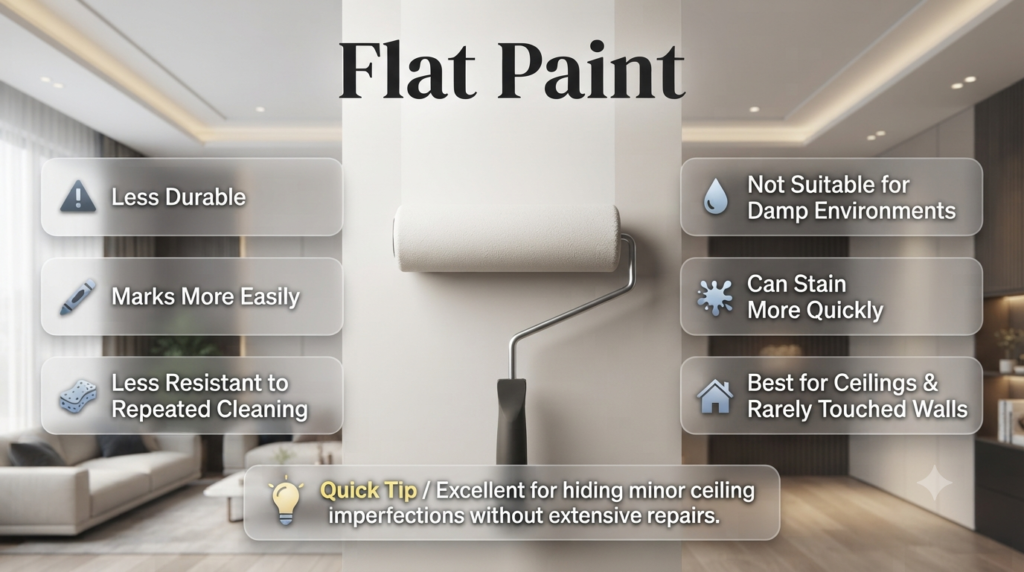 Premium infographic explaining flat paint finish, its low durability, common drawbacks, and ideal applications for ceilings and low-traffic interior spaces.