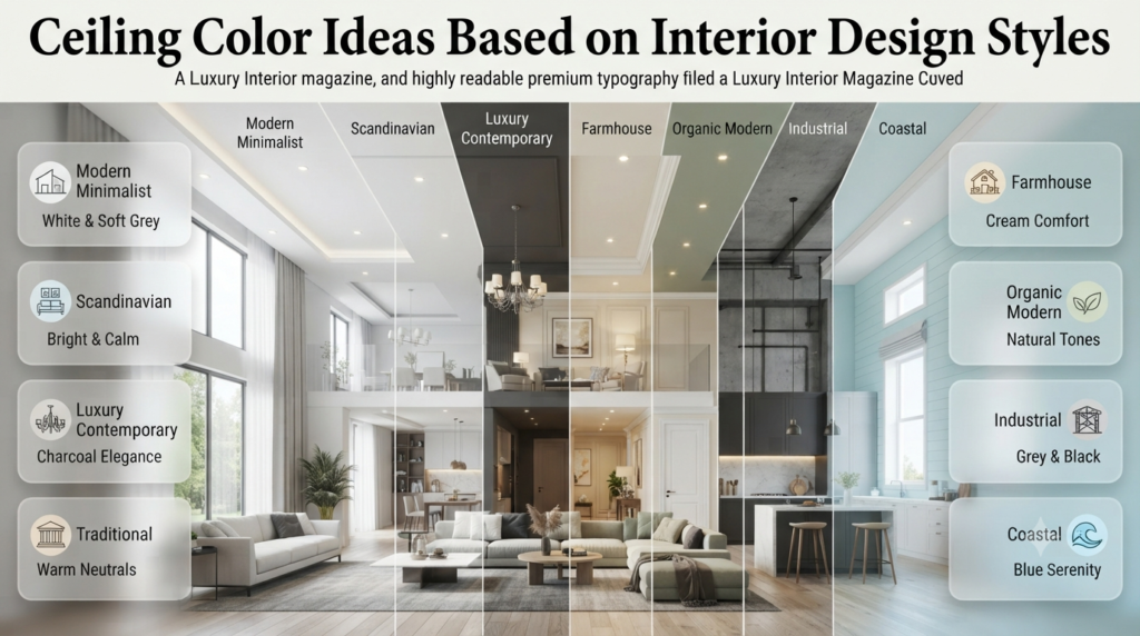 Ceiling color ideas based on interior styles showing modern, luxury, farmhouse, coastal, and organic room designs
