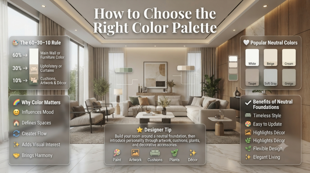 Home color palette infographic featuring the 60-30-10 rule, neutral color schemes, accent colors, and modern interior styling inspiration.