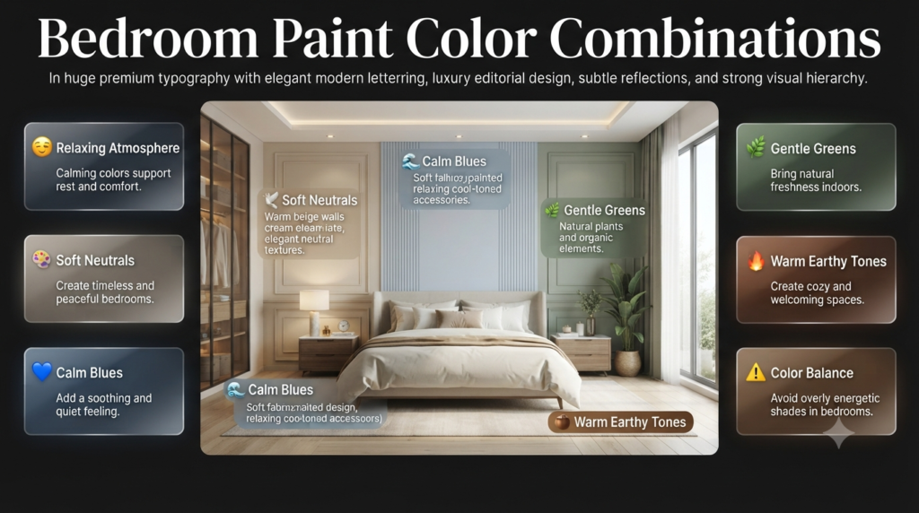Luxury bedroom interior featuring calming paint color combinations with soft neutrals, blue tones, green shades, and earthy colors.
