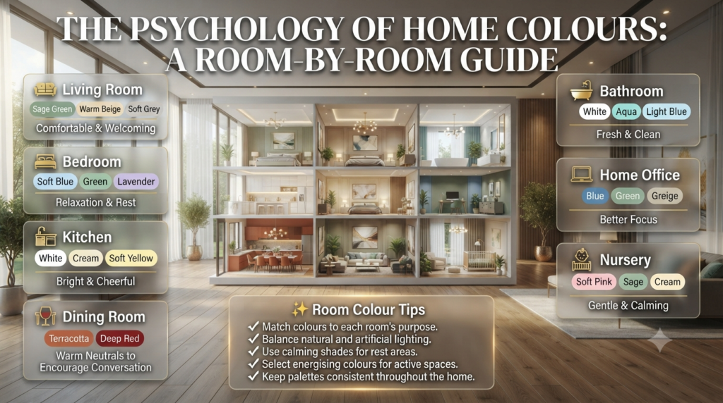 Professional infographic showing the best paint colours for each room, explaining how colour psychology improves comfort, relaxation, productivity, and home design.
