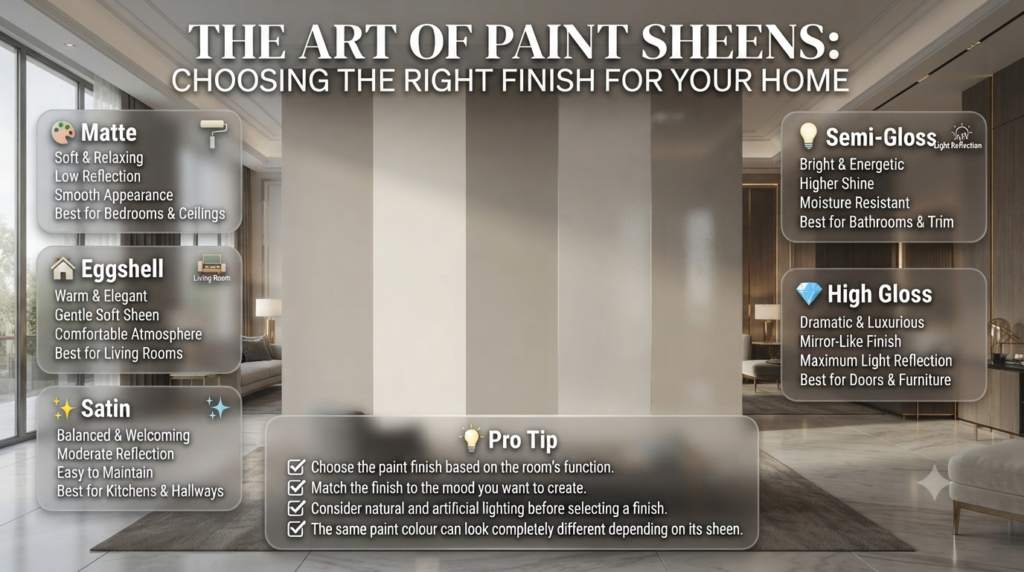 Professional infographic explaining how different paint finishes influence colour psychology, mood, light reflection, and the appearance of interior spaces.