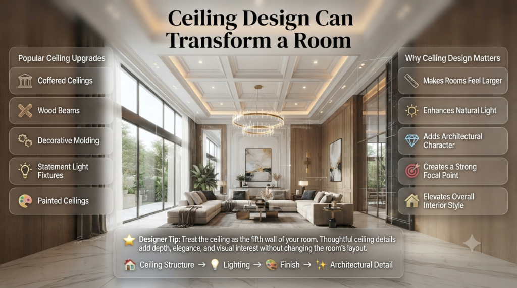 Ceiling design infographic featuring coffered ceilings, wood beams, decorative molding, statement lighting, painted ceilings, and luxury interior inspiration.