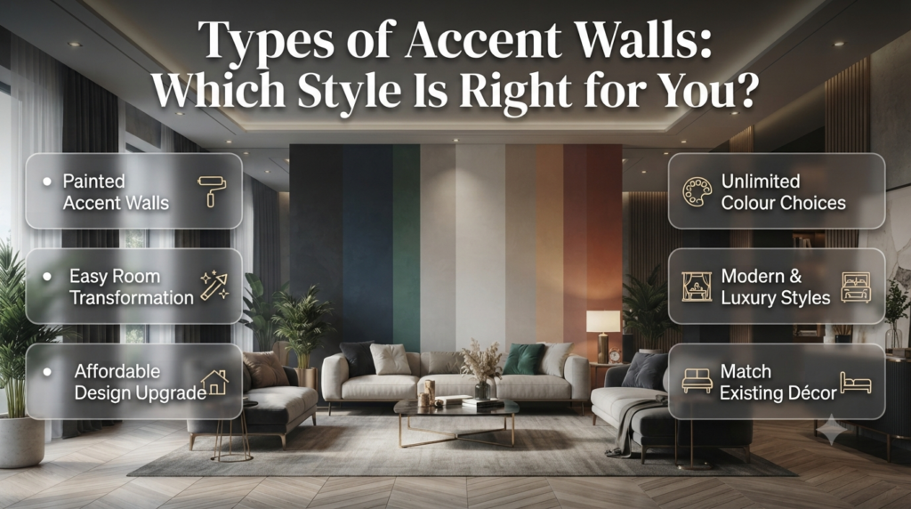 Types of accent walls featuring painted designs, modern colours, luxury tones, and stylish interior ideas for every home décor style.