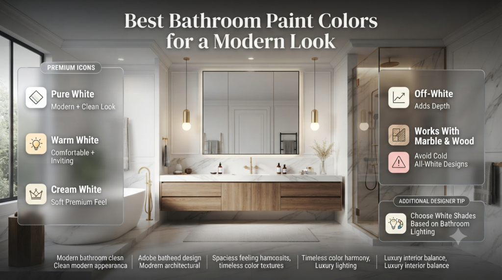 Modern bathroom paint colors featuring white shades, luxury interiors, marble surfaces, and timeless bathroom design ideas