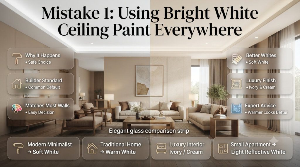 Infographic showing why bright white ceiling paint is not ideal for every room and better ceiling color alternatives for modern interiors