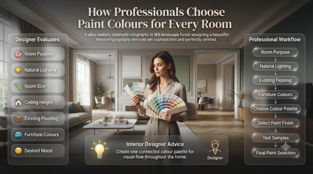 Professional interior designer selecting paint colours for different rooms using lighting, furniture, flooring, and colour palette planning workflow.