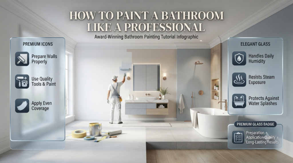 Professional bathroom painting guide showing preparation steps, tools, techniques, and durable moisture-resistant wall results