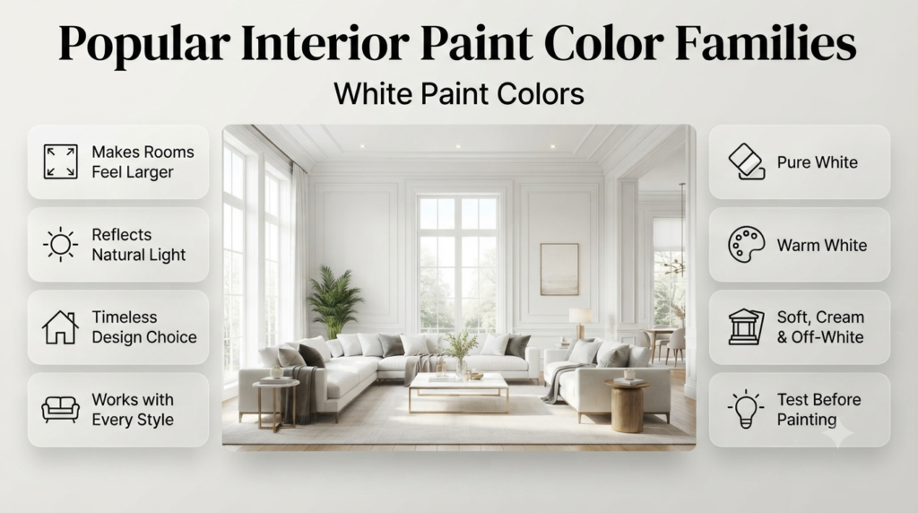 Infographic showcasing popular white interior paint color families, including pure white, warm white, cream, off-white, and antique white with decorating tips.