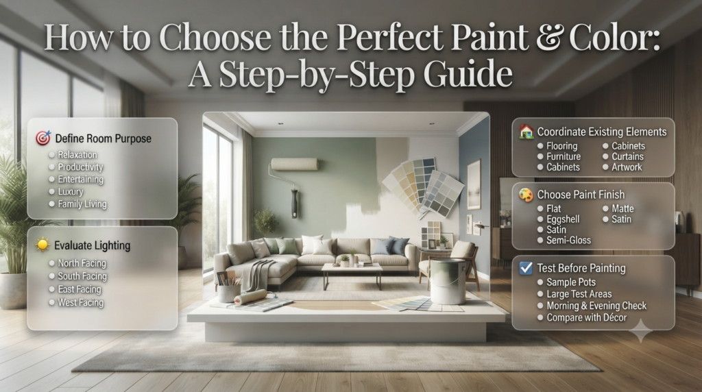 Modern paint colour selection infographic showing room purpose, lighting directions, paint finishes, colour testing process, and coordinated interior design.