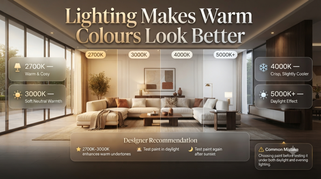 Infographic showing how different lighting temperatures affect warm paint colours, comparing 2700K, 3000K, 4000K, and 5000K+ in modern interior design.
