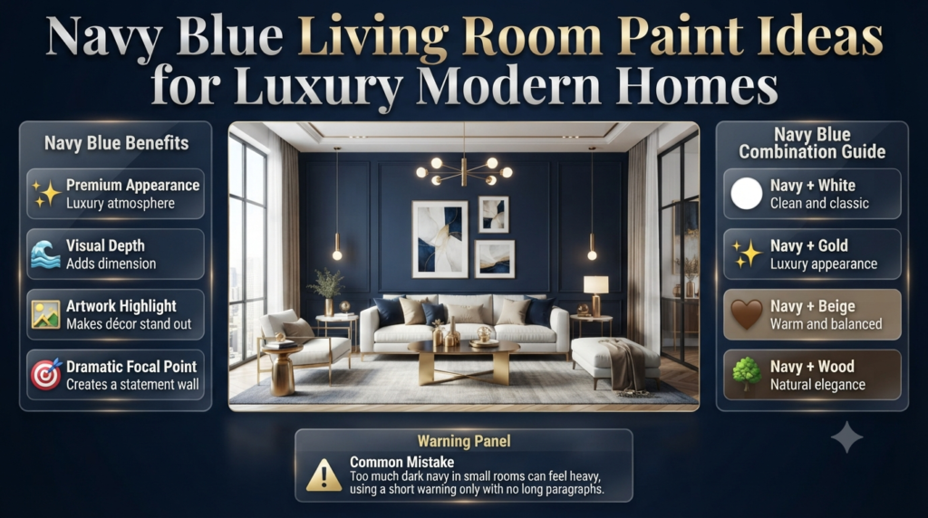 Luxury living room with navy blue accent walls, gold décor, beige furniture, natural wood elements, and elegant modern interior design.
