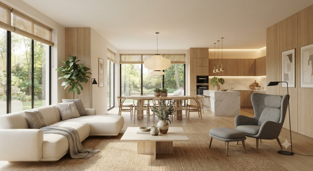 Bright Scandinavian-style living room featuring light wood furniture, neutral colors, cozy textiles, natural lighting, and minimalist décor.