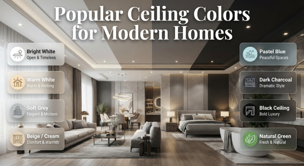 Modern ceiling colors comparison showing white, grey, beige, blue, and dark ceiling ideas for stylish home interiors