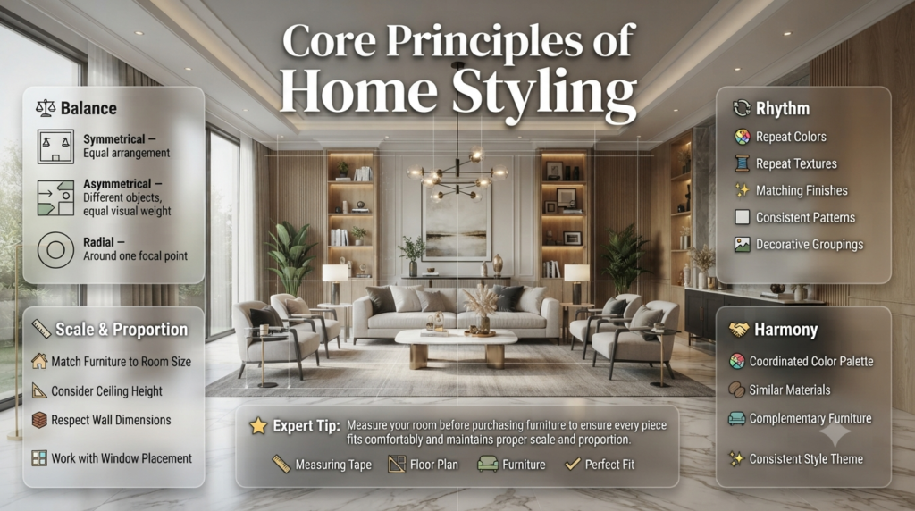 Home styling principles infographic showing balance, scale, proportion, rhythm, and harmony with modern furniture layouts and interior decorating concepts.