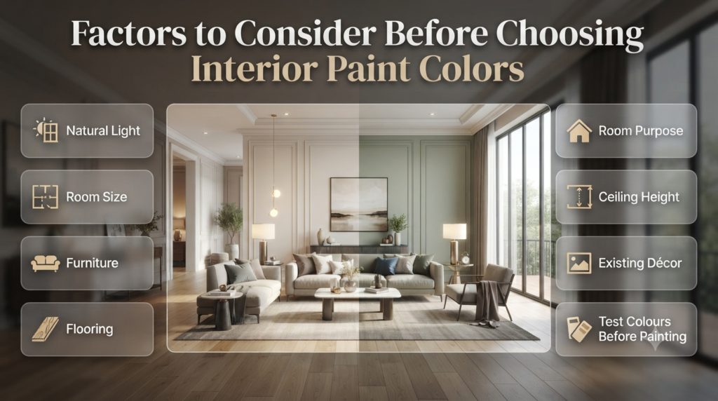 Infographic showing key factors before choosing interior paint colors, including natural light, room size, furniture, flooring, décor, and room purpose.