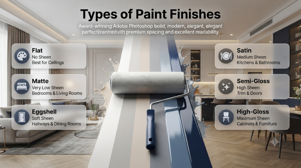 Professional infographic showing the six types of interior paint finishes with sheen levels, ideal room applications, and a premium paint roller hero illustration.