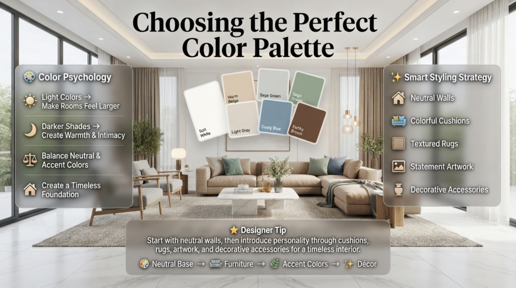 Home color palette infographic featuring neutral walls, accent colors, paint swatches, warm beige, soft white, sage green, dusty blue, and modern interior styling.