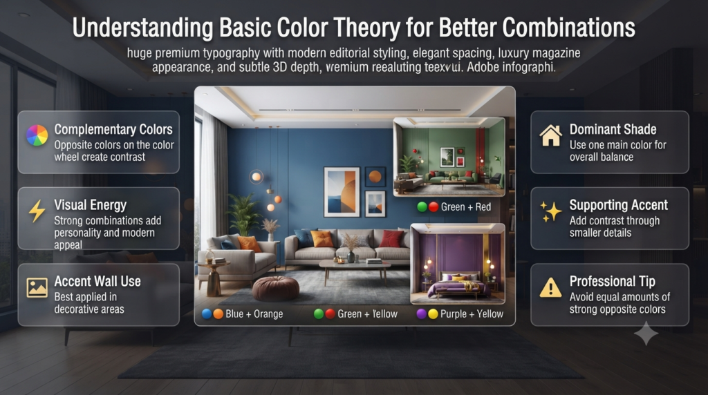 Color theory guide showing complementary paint combinations with blue orange, green red, and purple yellow interior design examples.