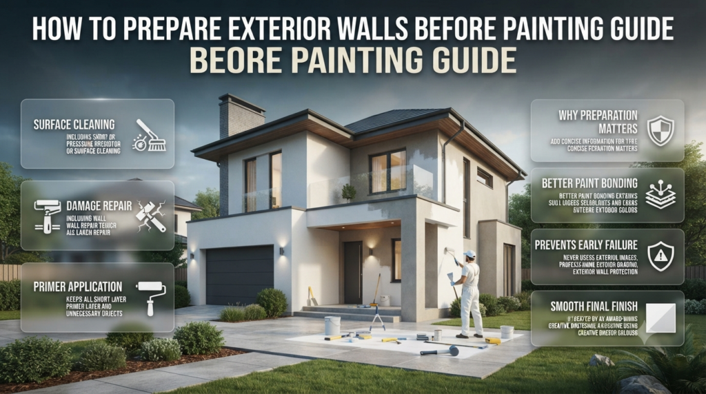 Exterior wall preparation guide showing cleaning, repairs, primer application, and professional painting preparation steps