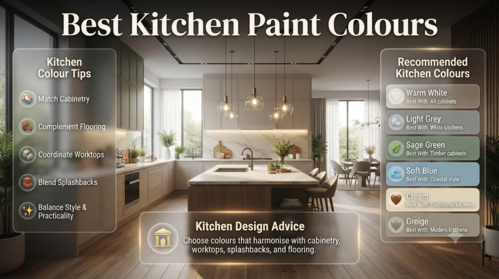 Modern kitchen showcasing the best paint colours including warm white, sage green, greige, soft blue, cream, and light grey with matching cabinetry styles.