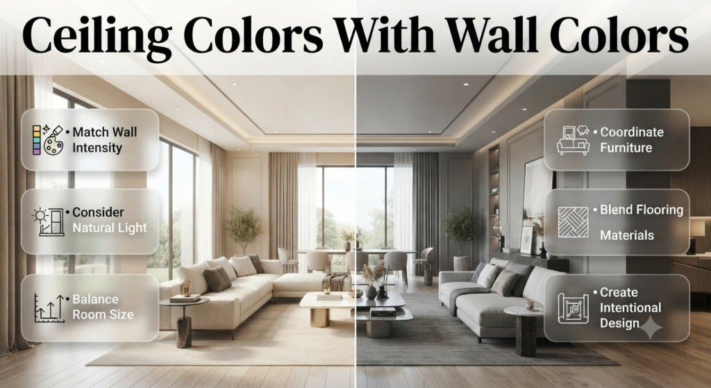 Ceiling colors with wall combinations showing balanced interior design ideas, matching paint choices, and modern room harmony
