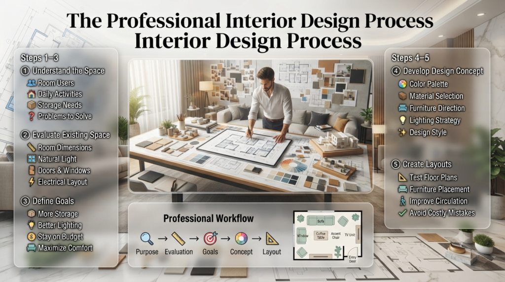 Professional interior design process infographic showing space planning, room evaluation, design goals, layout planning, concept development, and renovation workflow.