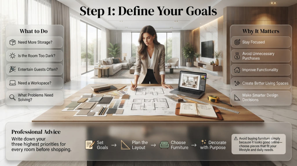 Home design planning infographic showing goal setting, room functionality, storage planning, workspace ideas, durable furniture, and professional interior design process.