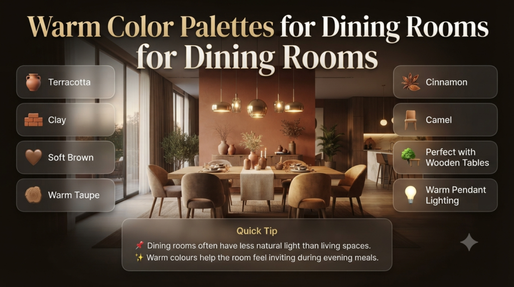 Modern dining room featuring warm colour palettes with terracotta, clay, cinnamon, camel, soft brown, and warm taupe, paired with wooden furniture and ambient lighting.