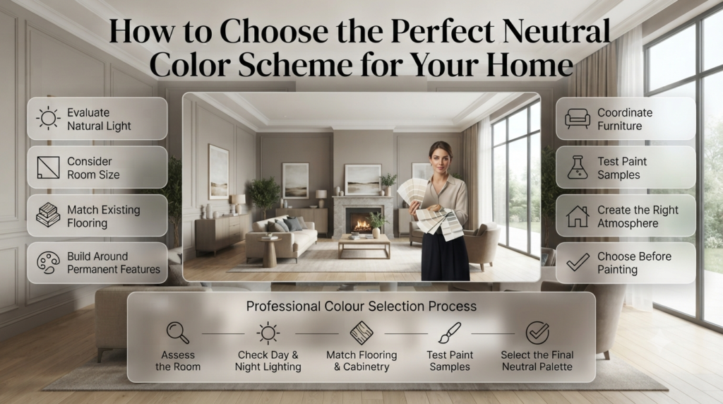 Modern interior design infographic explaining how to choose the perfect neutral colour scheme by considering natural light, room size, flooring, furniture, and paint samples.