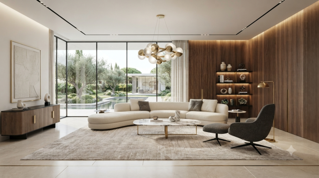 Elegant modern living room featuring stylish furniture, sophisticated décor, warm lighting, premium finishes, and a contemporary interior design.