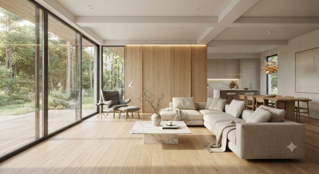 Modern minimalist living room featuring clean lines, neutral colors, sleek furniture, natural light, and clutter-free contemporary décor.